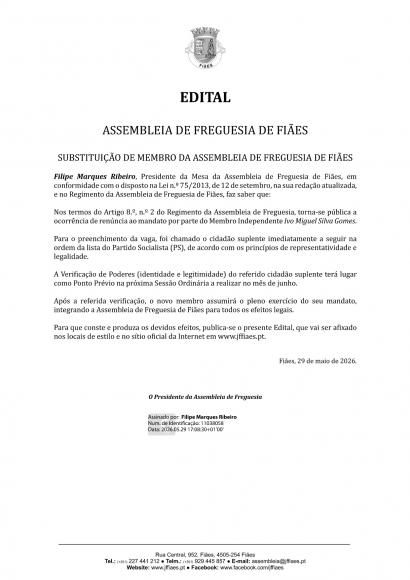EDITAL - Substitui&ccedil;&atilde;o de Membro da Assembleia da Freguesia de Fi&atilde;es