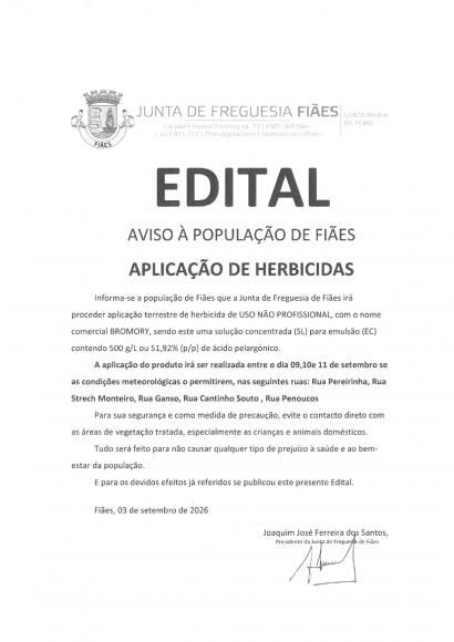 Aviso &agrave; popula&ccedil;&atilde;o de Fi&atilde;es, Aplica&ccedil;&atilde;o de Herbicidas.
